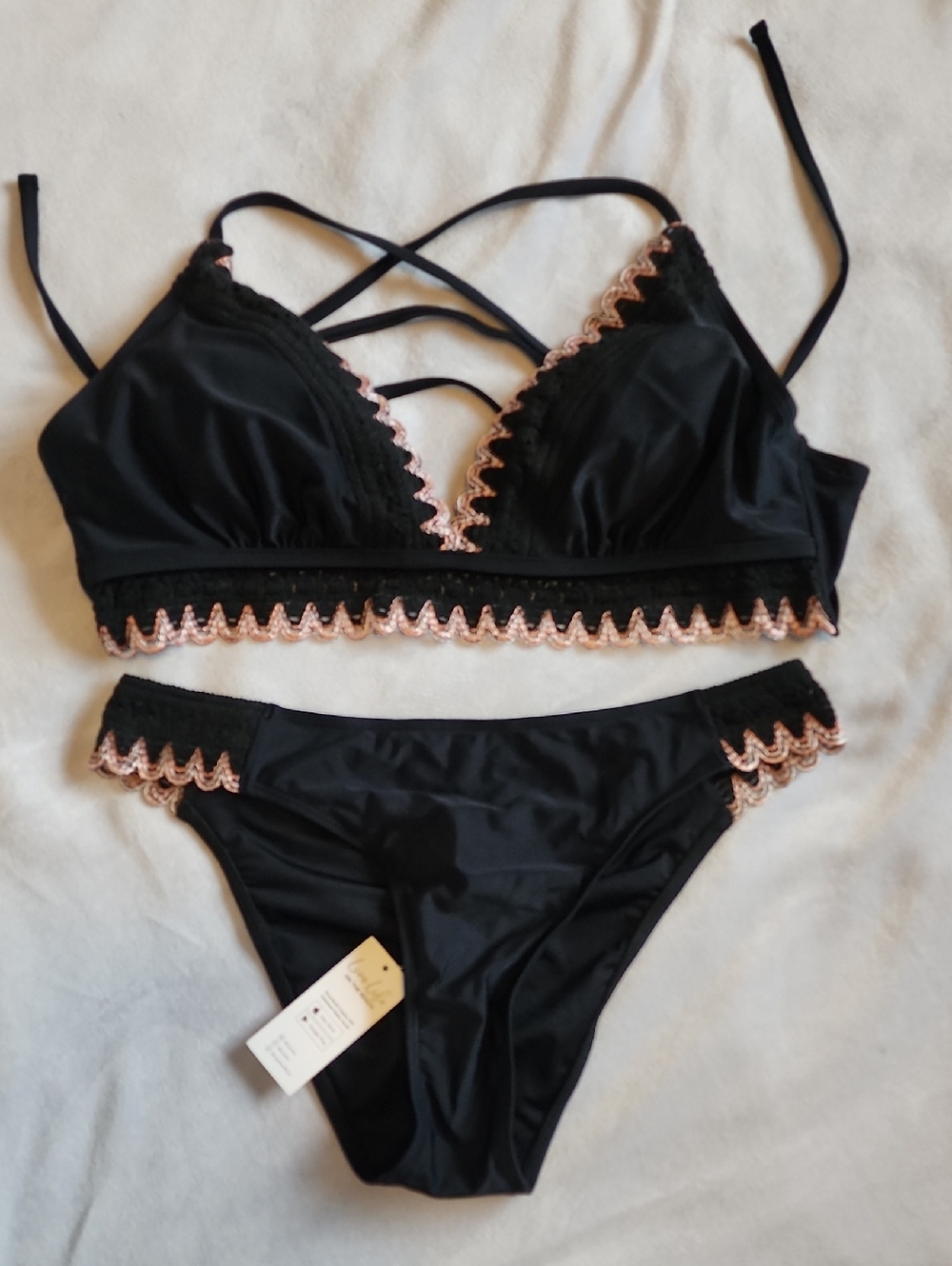 Cupshe Black Bikini with Pink Scalloped Trim
